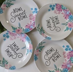 Floral Ceramic 4 "Home Sweet Home" 7.5' Side Plates Pink Blue